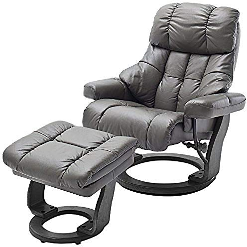 Robas Lund Relaxsessel Calgary mit Hocker, bis 130 kg belastbar, drehbarer Fernsehsessel mit Liegefunktion, Echtleder schlammfarben, Gestell Holz schwarz