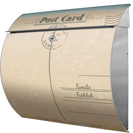 banjado® Burgwächter® Briefkasten Edelstahl mit Motiv Postkarte/Edelstahl Briefkasten mit Namen personalisierbar/Briefkasten ohne Zeitungsfach mit Kippdach & Öffnungsstopp, 2 Schlüssel