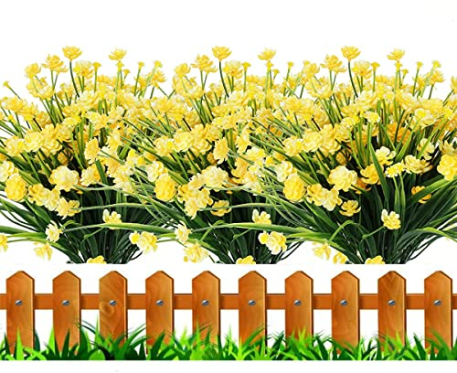 HBell 12 künstliche Blumen für den Außenbereich, Grünsträucher, Pflanzen, künstliche Kunststoffblumen, UV-beständig, kein Verblassen, künstliche Blumen, Garten, Veranda-Dekoration (gelb)