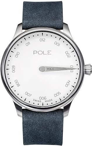POLE Watches - FIKA - Reloj Suizo Analógico MONOAGUJA de Cuarzo para Hombres con Esfera Blanca y Correa de Cuero Azul - A-1001BL-MA05