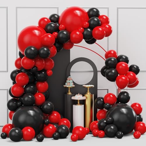 Kit de arco de guirnalda de globos rojos y negros, 134 piezas de globos de fiesta negros y rojos de diferentes tamaños para graduación, cumpleaños, aniversario, BBQ, casino, suministros de
