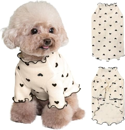 Yaopelky Ropa para Mascotas para Perros pequeños y Gatos, Camisa con Estampado de corazón para Verano, otoño, con Volantes, Manga Larga, Trajes para Chihuahua, Schnauzer, Shih Tzu Yorkie (café, S)