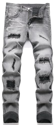 AITITIA Men's Patch Ripped Regular Fit Stretch Jeans, 1903 Gray, 34