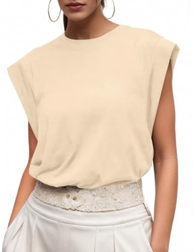 GRECERELLE Women's Cotton T Shirts - Cap Sleeves Loose Fit Basic Solid Colour Ladies Tops for Casual Comfort Soft Crew Neck Summer Tees (Beige, XL)
