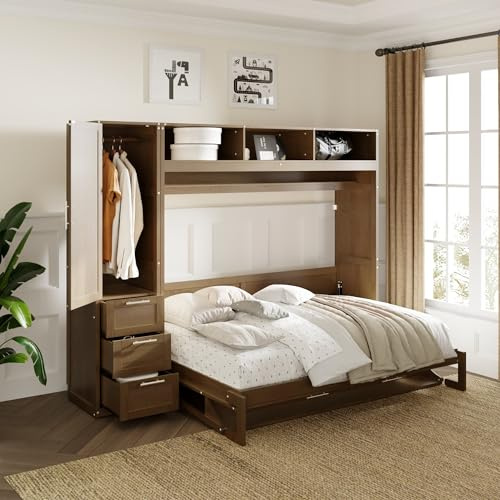 Ball & Cast Murphy Bed Full with Wardrobe, Storage Cabinet Bed Frame with Drawers and Open Shelves,Can be Folded into a Cabinets, Space-Saving, for Guest Rooom, Office, Wood Color