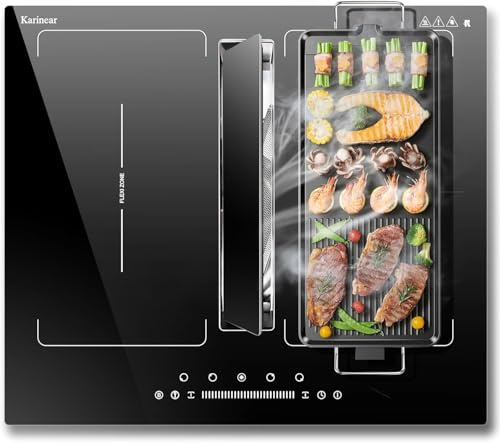 Karinear Flex zone Induction Hob with Hood, Induction Hob 60 cm Flex Zones with Booster, Timer, Pause, 7200W Hob 4 Plates and 145W Cooker Hood, 220-240 V, No Plug