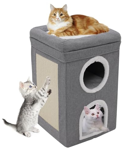 Siairo Casa Plegable para Gatos Interiores, Plegable con Tabla para rascar, Pelota de Juego, Cueva para Varios Gatos, 3 Pisos, Gris