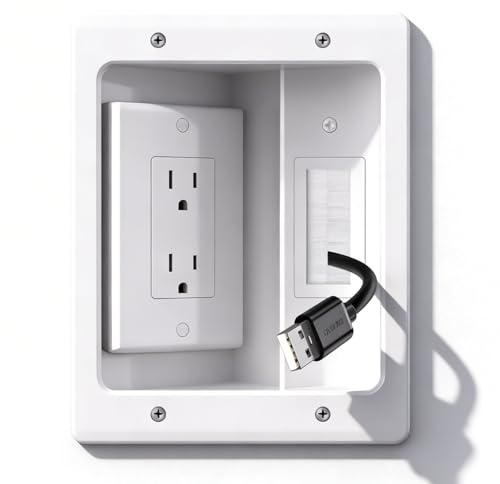 Naerza Wall Cable Concealer Kit with Recessed Tv Outlet Box-Two-Hole Socket,Tv Cable Hider Wall Kit Hider Box Fits All Plugs, Easy, Safe Cable Management