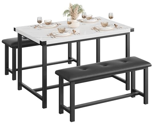 Crevyteg Modern Industrial 3-Piece Dining Table Set for 4 with 2 Upholstered Benches, Space-Saving Kitchen Table Set for Small Spaces, Easy Assembly Metal Frame Dining Room Furniture