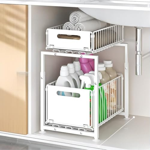Organiseur sous évier, étagère de rangement coulissante réglable en hauteur, étagère en acier au carbone 49 x 29 cm, organiseur antidérapant pour cuisine et salle de bain (blanc)