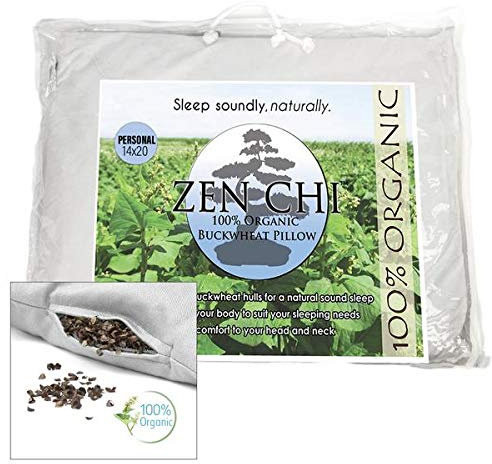 ZEN CHI Buckwheat Pillow - Organic Standard Size (14x20) w Natural Cooling Technology- All Cotton Cover - Personal Comfy Pillow Has Natural Cooling Effect, Adjusts to Head