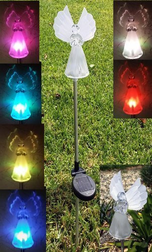Set of 2 Garden Decorative Angel with Fiber Optic Wings Color Change LED for Yard Stake