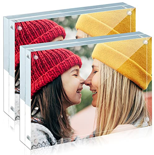 ILYXY 2 Pack Acrylic Frame 5x7, 20% Thicker, 24mm Thick Frameless Clear Picture Frame, Double Sided Magnetic Photo Frame, Free Standing Desktop Display Stand Acrylic Picture Frames