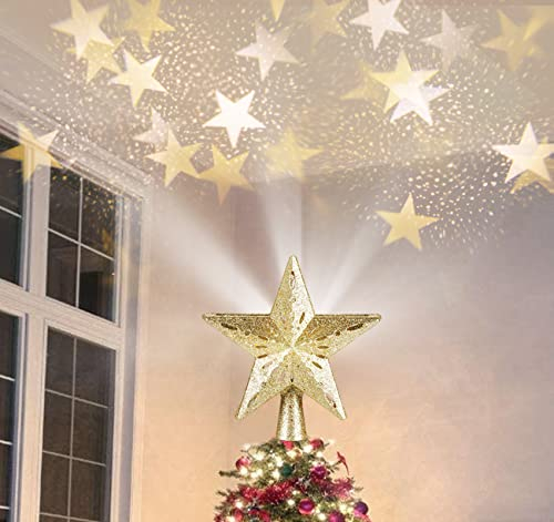 Arbre de Noël Topper, 3D Rotation Étoile de Sapin Noel de Lumineuse+10m Chaîne de Perles avec Lampe Projecteur en Forme de Étoile pour Decoration Arbre Topper de Noël Interieur Exterieur,d'or