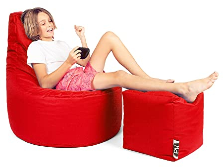 PATCH HOME Patchhome Gamer Kissen Lounge Kissen Sitzsack Sessel Sitzkissen Bean Bag + Würfel/Hocker mit Reißverschluss bereits befüllt (Rot, XL - Ø75cm Sessel + 35x35cm Würfel)