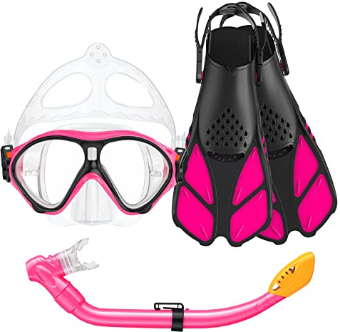 Seovediary Kids Snorkel Set, Mask Fins Snorkeling Gear for Kids Anti-Fog Swim Goggles 180 Panoramic View Dry Top Snorkel and Dive Flippers Combo with Travel Bag for Snorkeling Training Swimming Diving