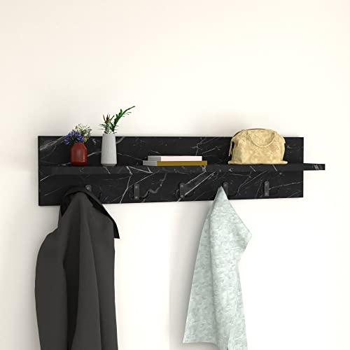 [en.casa] Wandgarderobe Hammarö mit 10 Garderobenhaken schwarze Marmor-Optik Garderobenleiste Flurgarderobe mit Ablage Hakenleiste Jackenhalter Hutablage