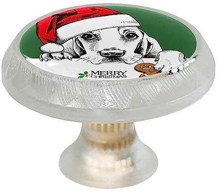 4 Pack Dresser Knobs Round Cabinet Knobs, Merry Christmas Dog with Red Hat Paint Green White,for Kitchen Cabinet Cupboard Door Decorative Furniture