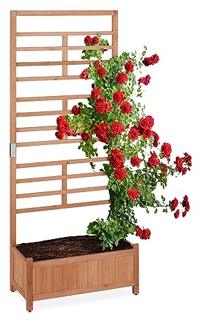 Relaxdays Jardinera con Enrejado, 171 x 71,5 x 32 cm, Macetero con Panel Enredaderas, Balcón y Jardín, Madera, Marrón