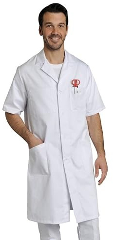 Blouse Blanche Homme Chimie Polyester Coton épais Manches Courtes, 1 Poche intérieure, 3 Poches extérieures (FR/ES, Alpha/Lettres, L, Taille Normale, Taille Normale, Blanc)