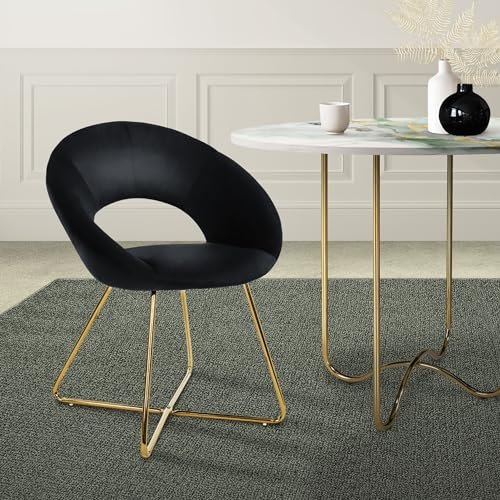 ML-Design Chaise de Salle à Manger en Velours, Noir, avec Dossier Rond, Assise Rembourrée, avec Pieds en Métal Doré, Coussin Epaissi, Fauteuil pour Table à Manger, Chaise de Maquillage, Salon, Cuisine