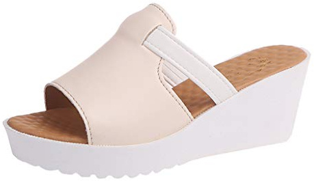 Sandales compensées pour femme - Sandales à plateforme pour femme - Pantoufles d'été - Bout rond - Extérieur - Talon oblique - Semelle épaisse - Sandales et pantoufles compensées - Sandales d'été -