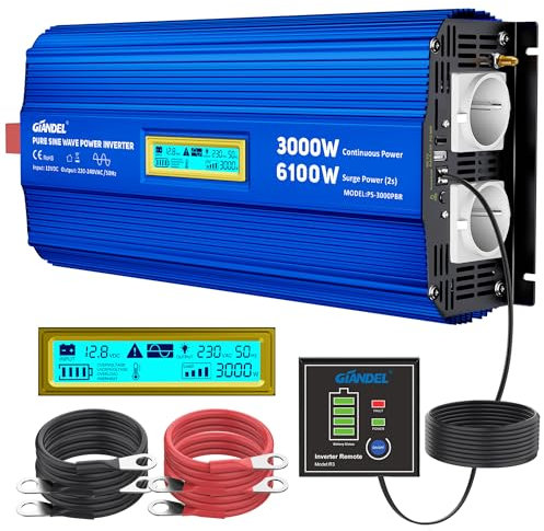 GIANDEL 3000W Reiner Sinus Wechselrichter 12V auf 230V Spitzenleistung 6100W Spannungswandler Kompatibel mit LiFePO4 Power Inverter mit Fernbedienung und USB-C PD 30W für Wohnmobil Camping Wohnwagen