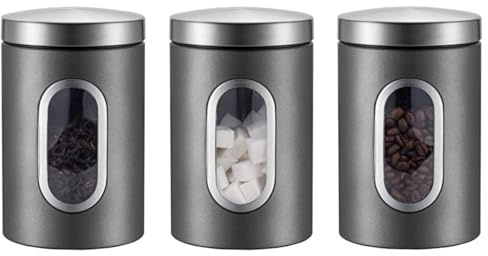 kiss me 3 Pcs Kitchen Canister Set, Stainless Steel Food Storage Jar With Visable Window Coffee Tea Sugar Caddy Container For Home, Kitchen, Counter (Silver)