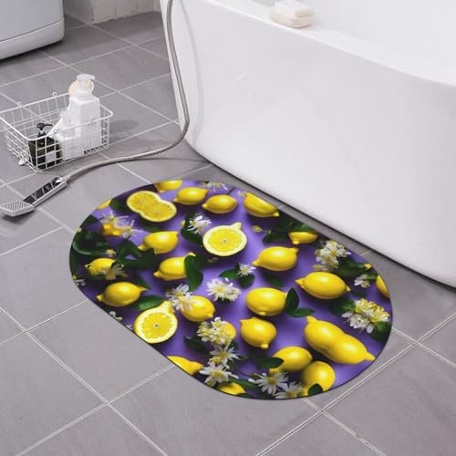 HJLUUFT Badematte mit Zitronen- und Blumenmotiv, schnell trocknend, saugfähig, elegantes und modernes Design, leicht zu reinigen