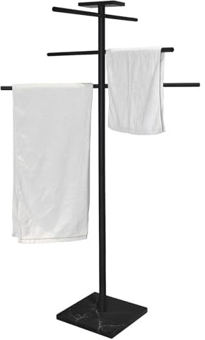 EADOT 304 Stainless Steel Freestanding Swimming Pool Towel Rack with Tray, 6 Arms Standing Hot Tub Robe Rack for Outdoor,Black Marble Base Bath Sheet Drying Bar for Spa, Hot Tub & Patio