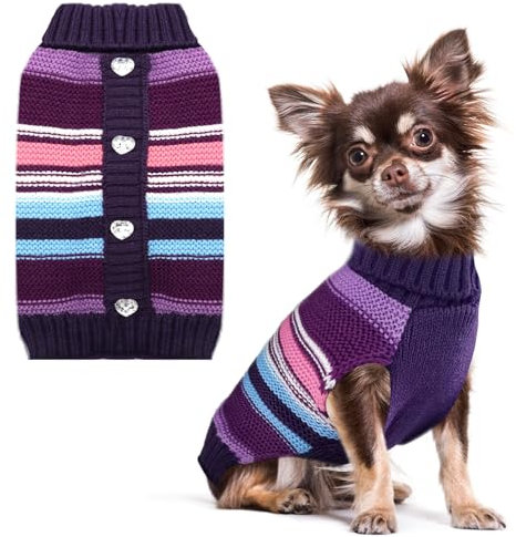 Gestreifter Hunde-Pullover, Kaltes Wetter Kabelstrick, klassischer Rollkragenpullover Dicke warme Pullover Kleidung für kleine bis mittelgroße Hunde Kleidung(Violett gestreift,S)