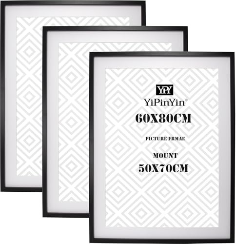 60x80cm Black Boxed Photo Frame 3Pack with Acid Free Mount for 50x70cm,80x60cm Large Poster Frame with Metal Bracket for Security, Black Poster Frame 50x70cm for Wall Hanging.