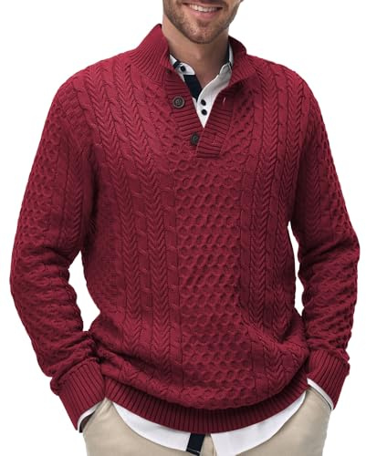 Comilaka Jersey Hombre Invierno Suéter Cuello Alto con Botones Suéteres de Punto Algodón Jersey de Canalé