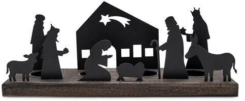 Bougeoir crèche noir – 32 x 9 cm – Silhouette de village de Noël avec supports pour 4 bougies chauffe-plat – Bougies de Noël, Avent, hiver, table, fenêtre, jeu d'ombre