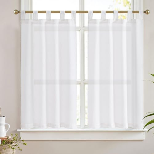 Vangao Cortina Cocina Sólido Blanco Aspecto de Lino Cortinas Cortas Pasantes Ventana 65 x 115 cm 2 Piezas Salon Dormitorio Habitación Moderna Medias Cortinas Interior