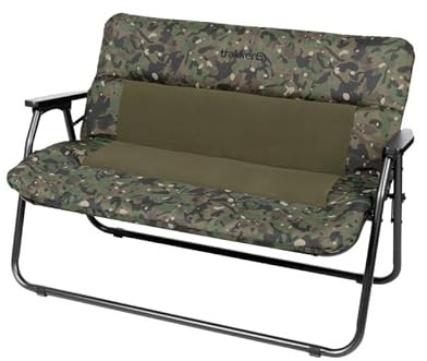Trakker RLX Bench Chair, 2 Person Carp Fishing Chair, Comfortable Padding, Arm Rests, Quick Set Up, Fold Flat Design, Carry Handles, Camo Pattern, Code 217227.