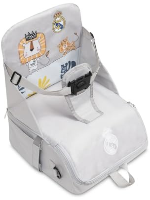 Interbaby - Trona de Viaje Real Madrid. Covertible en mochila o bolso. Plegable, ligera y con asa reguladora para transportarla. Arnés de seguridad de 5 puntos ajustables.