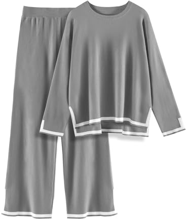 CMTOP Conjunto Punto Mujer Chandal Completo 2 Piezas de Cuello Redondo Tejer Manga Larga y Pantalones Casual Traje Deportivo Conjunto dos Piezas Otoño Suelto Chándal de Punto(Gris, L)