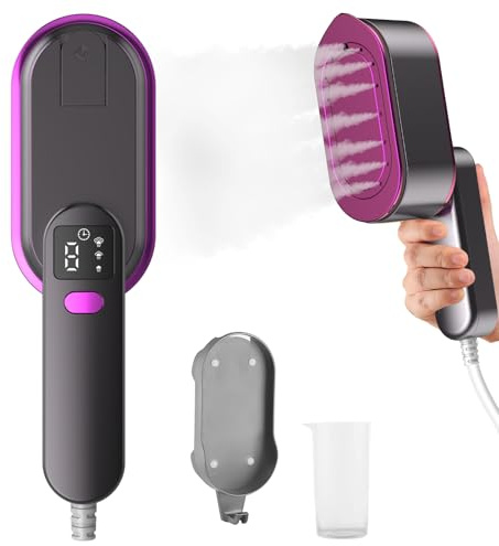 Steam Iron Travel Steamer with LCD Screen, 10S Fast Heat-up 2000W Steamer Clothing with 180° Rotatable Handle, Portable Handheld Clothes Steamer, 3 Steam Levels for Travel, Home, Office(Purple+Grey)