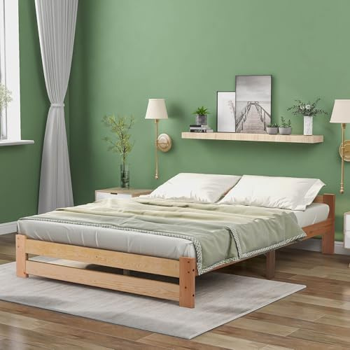 Aceinheu Solide Massivholzbett Futonbett Natur Bett mit Kopfteil & Lattenrost Holzbett Einzelbett Gästebett Komforthöhe 140x200cm Kiefer stabil ökologisch einfacher Aufbau (200x90cm)