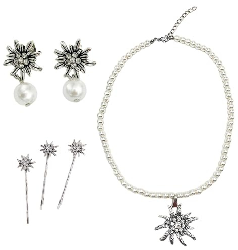 GWAWG 6 Stück Trachtenschmuck Set Trachtenkette mit Strass weiß Halskette Ohrringe Haarklammer Dirndl Schmuck Trachten Schmuck für Damen für Damen Bierfest Trachten Dirndl Outfit Accessoires