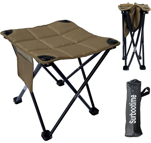 Portable folding camping stool, cotton lining, 14*14*15 inches, soft outdoor seat with side pockets, extra-large footstool, suitable for fishing, picnics, beach barbecues, hiking (brown).