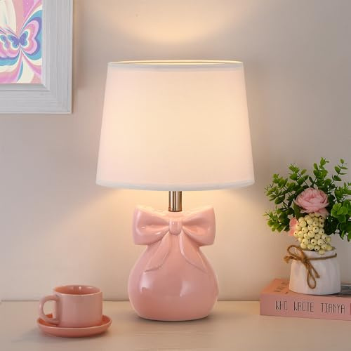 Hapcrea Pink Bow Table Lamp for Girl's Room, 19 Ceramic Cute Lamp for Bedroom, Classic Bedside Lamp for Nightstand, Modern Table Lamp for Living Room with Rotary Swtich (Bulb Included)