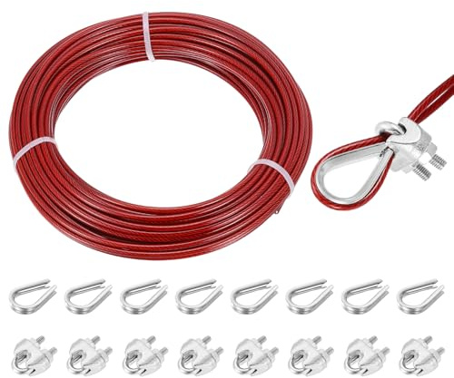 sourcing map 66ft Wire Rope 304 Stainless Steel Cable, 3mm(1/8) Vinyl Coated with 8pcs Screw Chuck and Thimble for Railing, Decking, Hanging, Clothes Lines, Red 20m