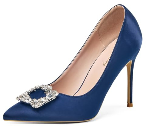 Zhabtuc Women's Satin Pointed Toe Court Shoes with Rhinestone Brooch, 4 Inch Stiletto Heel – Perfect for Parties and Weddings, Navy Blue, 7 UK