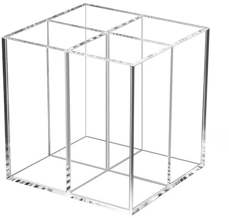 Uquelic Acrylic Pen Pencil Holder, Square 4 Compartments Clear Pen Pot - Desktop Stationery Storage Makeup Brushes Holder for Desk, Organiser Desk Tidy