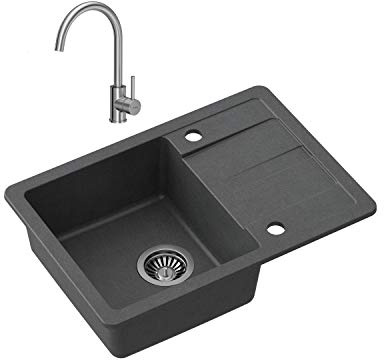 VBChome Handfat med armatur svart 62 x 44 cm granit enkelhandfat inbyggd diskbänk dränering spräcklig reversibel kompositdiskbänk köksarmatur + sifon + diskmedelsdispenser