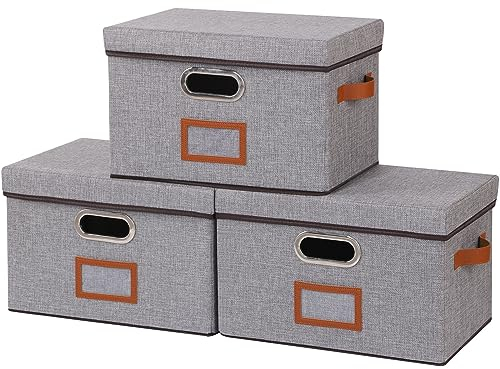OUTBROS Aufbewahrungsbox mit Deckel und Griff, Faltbarer Aufbewahrungsbox aus Stoff Aufbewahrungskörbe mit Etikettentasche, 32 x 23 x 20 cm Grau 3 Stück