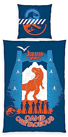 Herding Bettwäsche-Set, Jurassic World Camp Cretaceous, Kopfkissenbezug 80 x 80 cm mit Knöpfen und Wende-Motiv, Bettbezug 135 x 200 cm, Mit Knopfverschluss, 100% Baumwolle/Linon