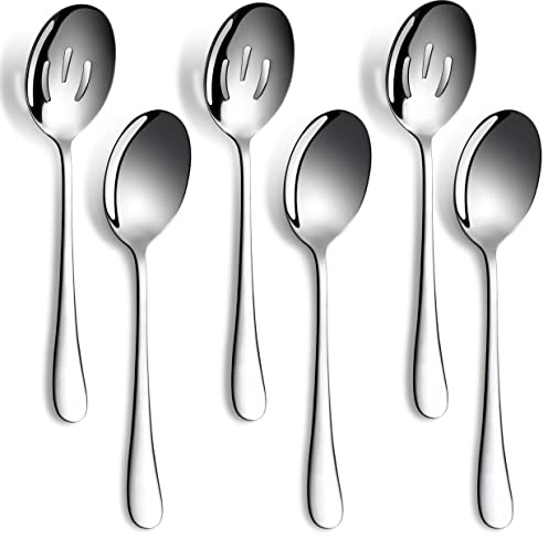 6 Pieces Serving Spoons Set, 8.7 Inch, Includes 3 Serving Spoons and 3 Slotted Spoon, Large Stainless Steel Buffet Banquet Utensils Cutlery Set for Home, Kitchen